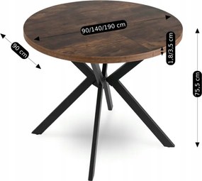 Stół Okrągły Rozkładany LUGO 90-190 cm Dąb Rustykalny/Czarny Loft