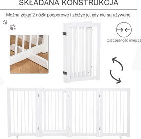 PawHut Bramka Zabezpieczająca dla Psów 4-elementowa, 220 x 91 cm Składana Bramka z Drzwiami, Wolnostojąca, z 2 Podpórkami, Ażurowa, Drewniana, na Korytarz, Kuchnię, Schody, Biała