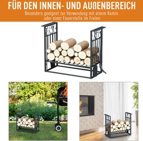 Stojak na drewno kominkowe HOMCOM z akcesoriami, regał na drewno, podstawka na drewno kominkowe, narzędzia kominkowe, Stal Czarny 75 x 30 x 60 cm