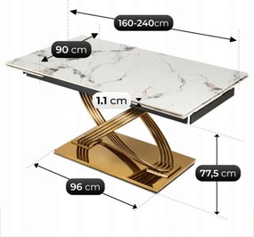 Stół Rozkładany Prostokątny IBIZA 160-240 cm Ceramiczny Biały Marmur/Złoty do Jadalni Nowoczesny Glamour