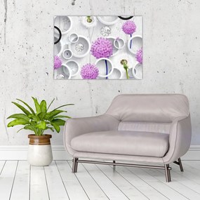 Obraz na szkle - abstrakcja 3D z koła i kwiaty (70x50 cm)