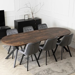 Zestaw Stół Okrągły Rozkładany LUKAS 100-250 cm Dąb Rustykalny/Czarny i 6 Krzeseł RICK Szarych Welurowych Nowoczesnych