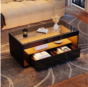 Nowoczesny stolik kawowy - 100 x 50 x 40 cm - z diodami LED + 2 duże szuflady - Płyta wiórowa + szkło hartowane - czarny