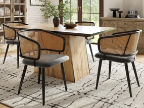 Komplet 4 krzeseł - Oparcie z rattanu i siedzisko z aksamitu - metalowe nogi - Czarny+Naturalny