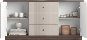 Komoda Vesper 160 cm z szufladami na cokole - kaszmir / orzech / złote uchwyty