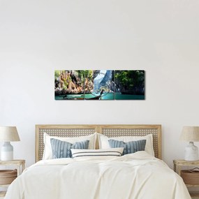 Obraz długiej łodzi na plaży (z zegarem) (90x30 cm)