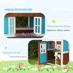 Outsunny Domek zabaw dla dzieci, Drewniany domek ogrodowy z oknami, doniczkami, na zewnątrz, 3-8 lat, Niebieski