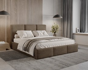 BESILIO Łóżko tapicerowane z pojemnikiem 160x200 Elora - Łóżko slim, ozdobne wezgłowie, stelaż metalowy- Brązowy