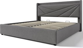 Łóżko 160x200cm z tkaniny lnianej - z portem USB i stelażem na listwy - Szare