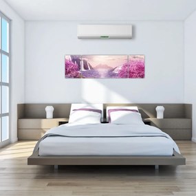 Obraz różowych drzew z jeziorem (170x50 cm)