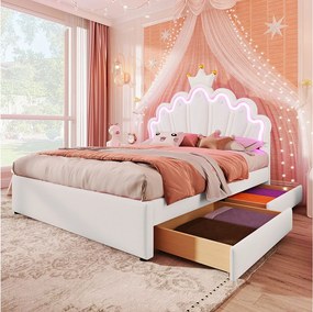 Łóżko tapicerowane 140 x 200 cm z regulowanym zagłówkiem i 2 szufladami - LED - skóra ekologiczna - białe (materac nie jest wliczony w cenę)