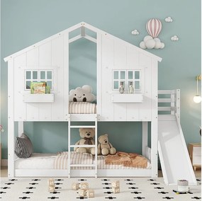 Łóżko piętrowe dla dzieci - 2 x 90 x 200 cm - ze zjeżdżalnią + dach i okno + z drabinką - sosna + MDF - białe