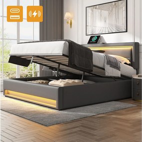 Łóżko z pojemnikiem 140 x 190 i zagłówkiem - Gniazda USB i diody LED - Skóra ekologiczna - Stelaż z listew - Szary (bez materaca)