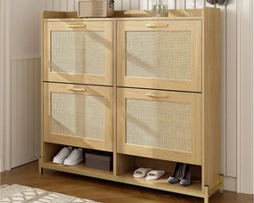 Szafa na buty 108.5x24x100 cm - z 4 frontami z rattanu - Konstrukcja metalowa - MDF - Kolor naturalny