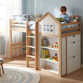 Łóżko piętrowe dla dzieci - 90 x 200 cm - z półką do przechowywania + szuflady + barierka - sosna + MDF - białe + naturalne