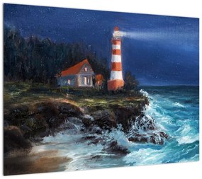 Obraz na szkle - Latarnia morska na brzegu oceanu, akwarela (70x50 cm)