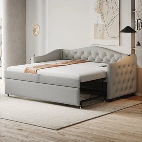 Łóżko wysuwane 90 x 200 cm z portami USB, sofa rozkładana - Tkanina lniana - Stelaż z listew - Szary (bez materaca)