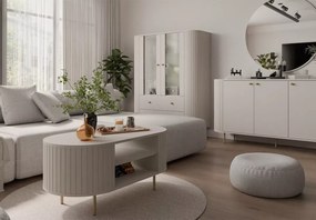(Wyprzedaż) Stolik kawowy Opunio z ryflowanymi bokami i 2 półkami – nowoczesny do salonu, beż piaskowy