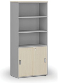 Szafa biurowa kombinowana PRIMO GRAY, drzwi przesuwne na 2 poziomach, 800 x 420 x 1781 mm, szary/brzoza