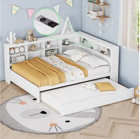 Łóżko wysuwane 140 x 200 cm + 90 x 190 cm z portem USB i regałem na książki - Drewno lite - Białe (bez materaca)