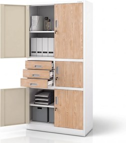 Szafa biurowa metalowa z sejfem biała/dąb sonoma, 900x1850x400 mm: FILIP II Eco Design