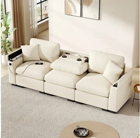 Sofa 3-osobowa - 242 x 88 x 80 cm - ze składanym stolikiem + portem USB + ukrytym schowkiem - aksamit - beż