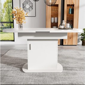 Rozkładany owalny stół jadalny dla 4-6 osób z półkami - Dł. 110/130xSz. 70xWys. 75cm - Płyta wiórowa - Biały + srebrny