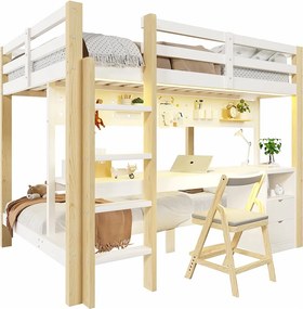 Łóżko piętrowe Enfamt - 90 x 200 cm + 140 x 200 cm - z diodami LED + biurko + szuflady - drewno - naturalny + biały