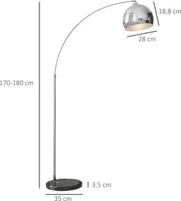 HOMCOM Łukowa lampa stojąca, regulowana, z przełącznikiem nożnym, podstawa imitującą marmur, 170-180cm, Srebrny/Czarny