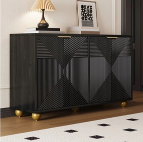 Czarna komoda z 4 fakturowanymi drzwiami, regulowanymi półkami wewnętrznymi i złotymi kulistymi nogami