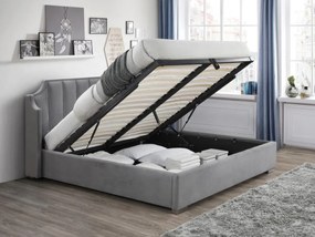 Łóżko ze skrzynią 140 × 190 cm z zagiętym zagłówkiem – Welurowe – Jasnoszare – TEOMIS