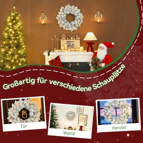 HOMCOM Wieniec świąteczny z lampkami LED, szyszki, wieniec na drzwi, Zielony+Biały, Ø60 x 8 cm | Aosom PL