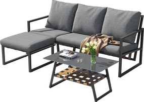 Zestaw mebli ogrodowych modułowych 4-osobowych ze stali ocynkowanej: 1 sofa 3-osobowa + 1 stołek + 1 prostokątny stolik kawowy - Szary