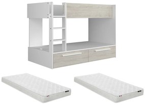 Łóżko piętrowe 2 x 90 x 200 cm - 2 szuflady - Biały i naturalny + Materac - TINOLI
