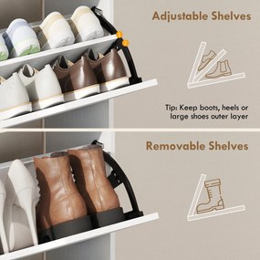 HOMCOM Szafka na buty z 2 klapami, uchylna szafka z regulowanymi przegrodami, otwartą półką na 12 par butów 89 x 25 x 92 cm biała | Aosom PL