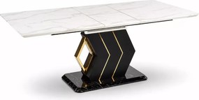 Stół Vincento rozkładany 160–200 cm – glamour biały marmur połysk MDF, czarno-złota podstawa, elegancki stół do jadalni i salon
