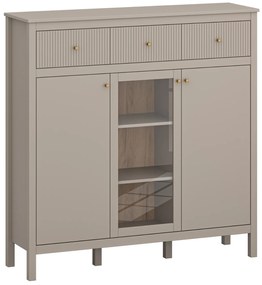 Komoda Przeszklona z Szufladami SELVIO 134 cm Taupe Ryflowana Nowoczesna
