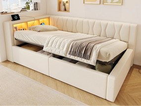 Kanapa-łóżko skrzyniowe 90x200cm - z oświetleniem LED - z półką do przechowywania + port USB - beżowa (materac nie jest dołączony)