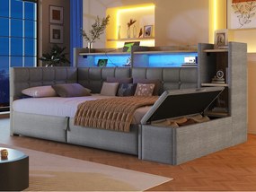 Sofa rozkładana z pojemnikiem 90 × 200 cm - z portami USB + Type-C - ławka do przechowywania u stóp łóżka - z paskiem LED - ciemnoszary