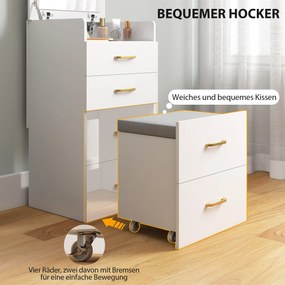 HOMCOM Toaletka 3-w-1 z lustrem, stolik nocny, hoker na kółkach, szuflady, Biały