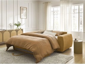 Musztardowa rozkładana sofa do spania z tkaniny szenilowej 220 cm Hugo – Bobochic Paris