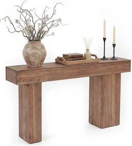 Konsola z litego drewna, stolik kawowy w stylu rustykalnym 160 cm za kanapą z artystycznymi nogami