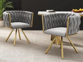 Zestaw 2 aksamitnych krzeseł obrotowych z podłokietnikami - złote metalowe nogi - Szary