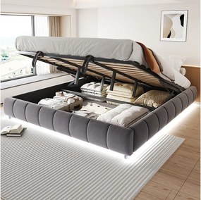 Łóżko tapicerowane ze schowkiem - 180 x 200 cm - bez wezgłowia - z diodami LED - aksamit + sklejka + MDF - szare