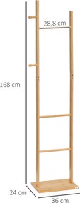 HOMCOM Nowoczesny stojak na ubrania, 2 haki &amp; 3 drążki, solidny bambus, 36x24x168 cm, naturalny