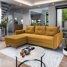 Masseno Narożnik PISAN z funkcją spania i pojemnikiem na pościel Narozniki L, Rozkładana sofa - Żółty, KRONOS 01