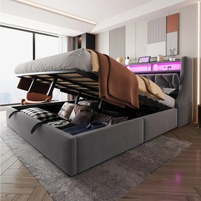 Łóżko tapicerowane ze schowkiem - 180 x 200 cm - hydrauliczne - składany zagłówek ze schowkiem + diody LED - MDF - szare