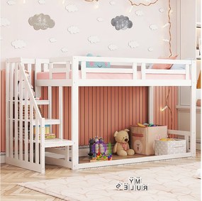 Łóżko piętrowe dla dzieci - 90 x 200 cm - ze schodkami bezpieczeństwa - drewno + MDF - białe