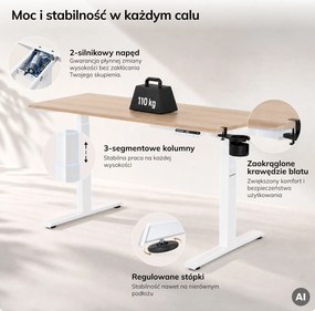 Biurko elektryczne z regulacją wysokości ergonomiczne białe/dąb sonoma,1400x700 mm: ARIA