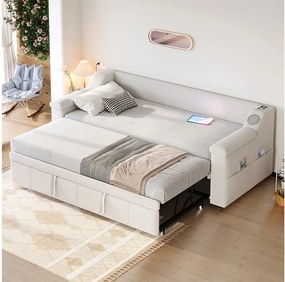 Sofa tapicerowana rozkładana - 90/180 x 190 cm - z podłokietnikami + Bluetooth + USB - ze schowkiem - welur - beżowa